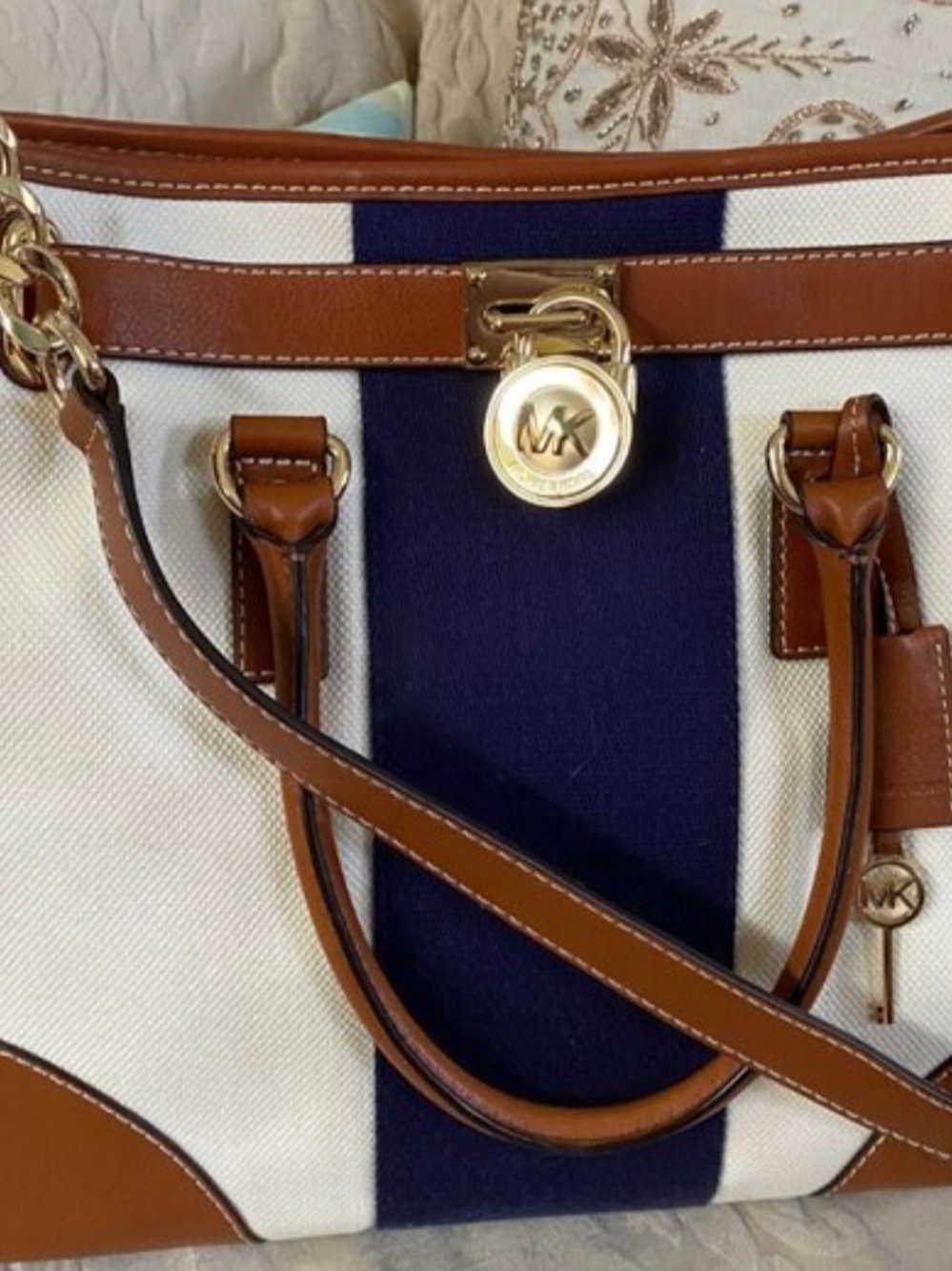 Michael Kors Cream, Navy & Brown Leather Large Hamilton with Gold Hardware